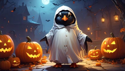 A charming penguin dressed in a ghostly white robe amidst illuminated jack-o'-lanterns on a spooky Halloween night.