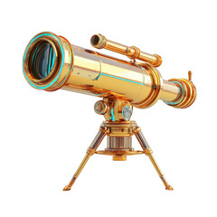 A vintage brass telescope on a tripod, isolated on transparent background