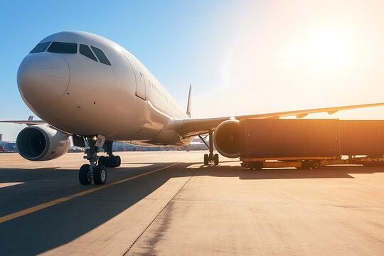 Wide-body aircraft on the tarmac with cargo, under a clear blue sky and bright sunlight, evokes themes of travel and global trade.