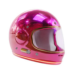 A metallic purple motorcycle helmet with gold trim and neon light, isolated on transparent background