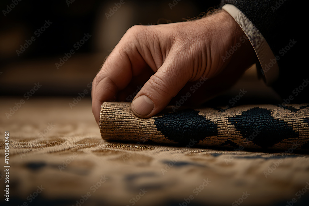 Aufkleber examining a detailed textile with an intricate pattern. expert craftsmanship and subtle details are 