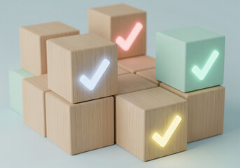 Obraz premium Wooden cubes with glowing checkmarks arranged in a playful, organized pattern, representing choices and success.