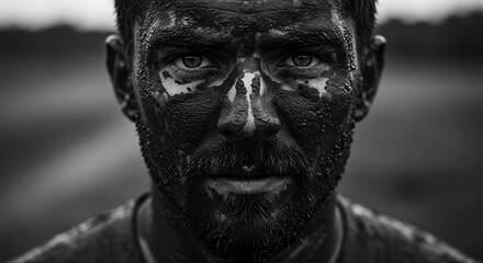 Fototapeta premium Intense Close-Up of a Man's Face Covered in Mud and War Paint