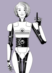 Beautiful blonde biorobot girl standing frontally and pointing her index finger up.  Vector realistic illustration in black and white line engraved drawing 
style