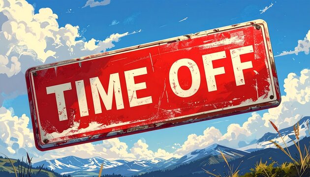 A vibrant outdoor scene showcases a weathered, red sign proclaiming "Time Off," set against a backdrop of mountains and a partly cloudy sky.