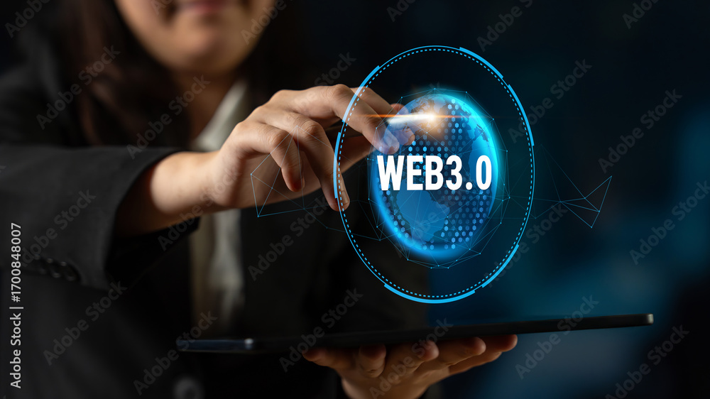 Poster the global impact of the web 3.0 next generation internet. a futuristic concept of a worldwide decen