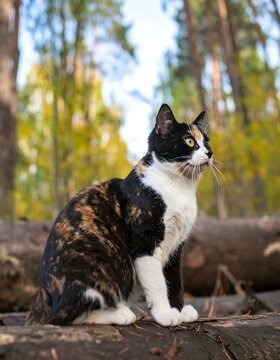 A calico cat sits amidst fall foliage