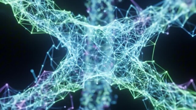 Network of interconnected linesnodes creating a complex weblike structure on a dark background glowing with blue green and purple hues