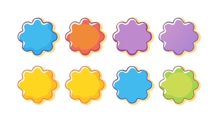 Collection of eight colorful flower shaped stickers with wavy edges and yellow outline on a white backdrop