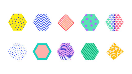 Collection of ten patterned shapes including hexagons and diamonds on a white background artfully arranged