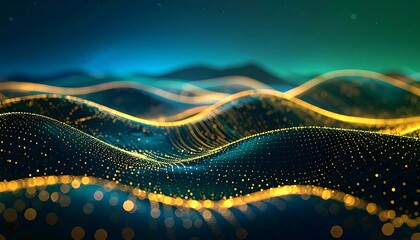 Abstract, wavy digital illustration with golden, glittering particles, over a dark blue and turquoise gradient background