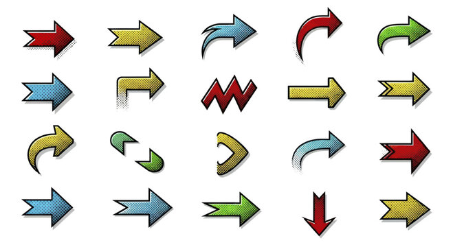 Icon Set Vector Collection of Colorful Retro Arrows with Pop Art Halftone Texture