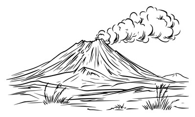 Active smoking volcano sketch – dramatic mountain eruption landscape vector illustration © Luka