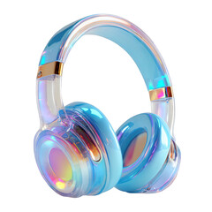 Modern iridescent blue headphones with gold accents, isolated on transparent background