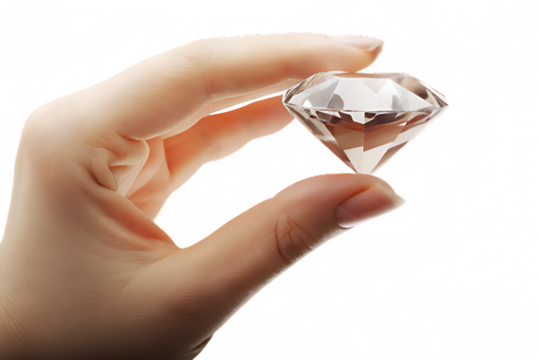 Hand holding a clear diamond with sparkling facets against abstract background gemstone isolated on a transparent background - Powered by Adobe