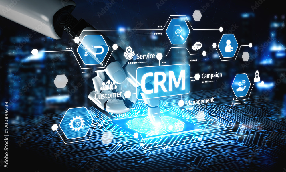 Poster a captivating image of a robotic hand interacting with a digital crm interface, showcasing the futur