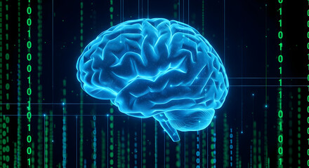 Neon Digital Brain Hologram Over Binary Cityscape — Artificial Intelligence Neural Network Visualization