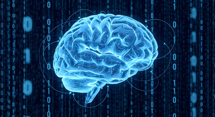 Neon Digital Brain Hologram Over Binary Cityscape — Artificial Intelligence Neural Network Visualization