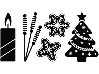 Christmas Icon Set Vector – Black Silhouettes of Candle, Sparkler, Snowflake, Cookies, and Holiday Tree