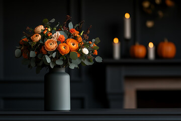 Fototapeta premium Autumn bouquet in vase: orange ranunculus, eucalyptus, and seasonal accents against a dark backdrop, complemented by candles and pumpkins.