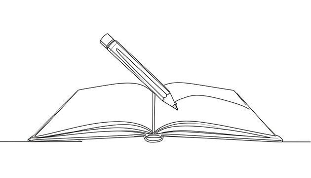 A single continuous line drawing of an open notebook with a writing utensil.