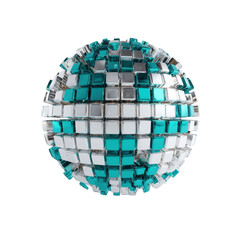 A spherical disco ball made of small turquoise and silver squares, isolated on transparent background