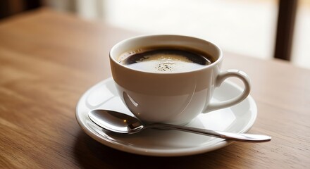 Morning coffee moment: a simple cup of black brew on a wooden table surface and spoon