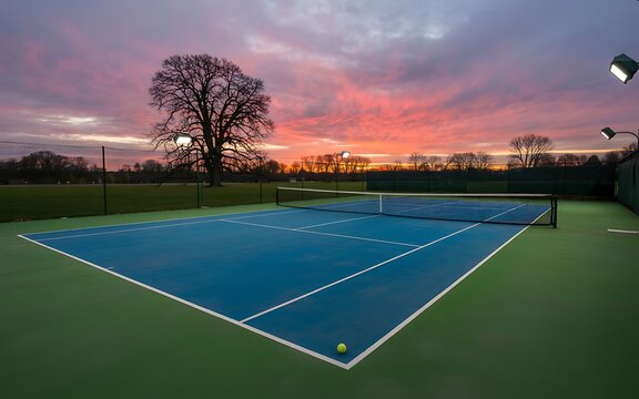 Blue tennis court at sunset green ball