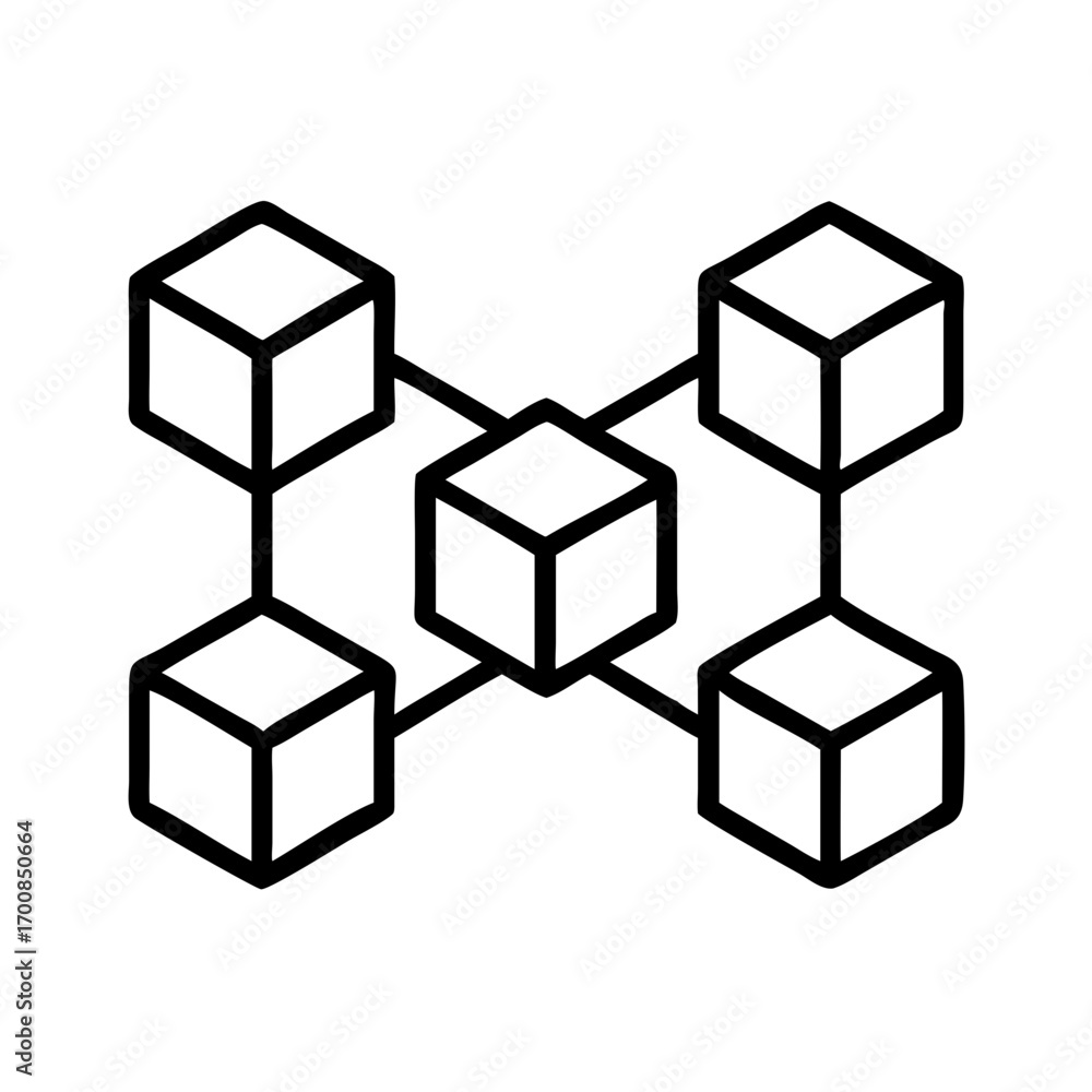 Poster blockchain technology network diagram with interconnected cubes for decentralized systems and data s