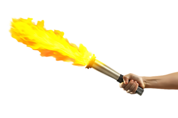 Person's Hand Holding a Flaming Torch with Intense Yellow Fire graphic design isolated on a transparent background