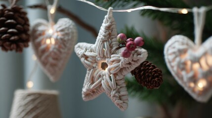 Obraz premium Cozy christmas decor with knitted star and heart ornaments on string lights