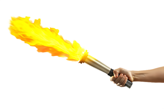 Person's Hand Holding a Flaming Torch with Intense Yellow Fire graphic design isolated on a transparent background