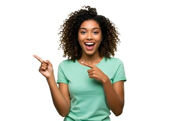  Animated African American woman with curly hair pointing enthusiastically in mint green top, perfect for diverse marketing and presentation content.