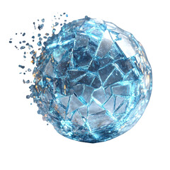 A sphere of shattered blue glass exploding outwards, isolated on transparent background