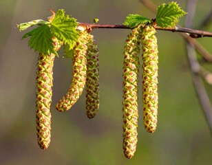 Obraz premium Close-up view of delicate, hanging catkins with intricate patterns, vibrant green and reddish-brown hues, on a blurred background.