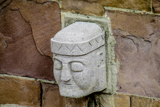 Ancient idol statues, sculptures from Tiwanaku inca archaeological site on the square in La Paz, Bolivia. Idol ritual statue from Tiahuanaco or Tiahuanacu ancient civilization in South America Bolivia
