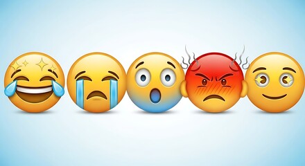 Diverse Emoji Faces Expressing Various Human Emotions and Feelings.