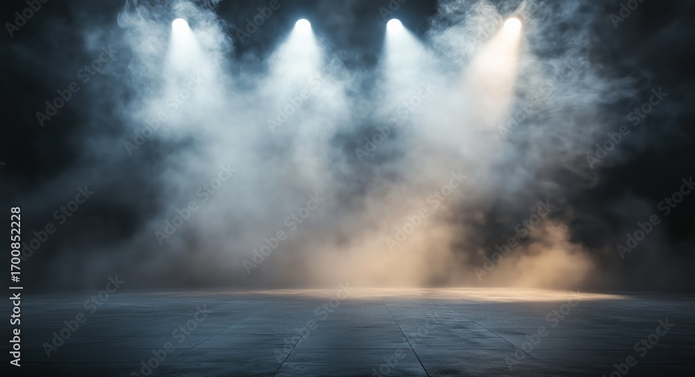 Poster dramatic lighting illuminates empty stage surrounded by fog during a performance setup
