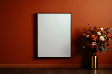 Clean wall art mock-up against an orange wall with a vase of flowers adding warmth and charm to the room. Stylish interior decoration.