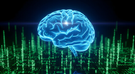 Neon Digital Brain Hologram Over Binary Cityscape — Artificial Intelligence Neural Network Visualization