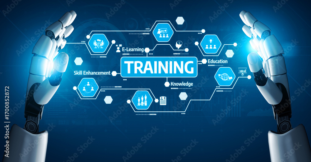 Poster a futuristic image showcasing robotic hands presenting a digital training interface filled with icon