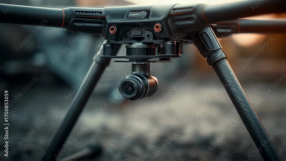Poster closeup of a drone camera mount securing a highresolution camera with a blurred background emphasizi