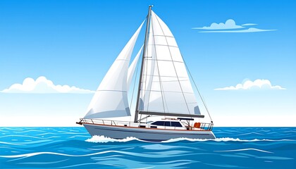 Fototapeta premium A sailing vessel cuts through a serene expanse of azure ocean waters under a vibrant blue sky, filled with fluffy white clouds.