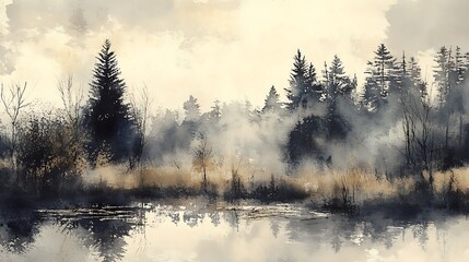 Serene Foggy Waterscape: An atmospheric landscape painting captures a misty waterscape, where trees stand shrouded in fog near calm water, evoking a sense of peace.