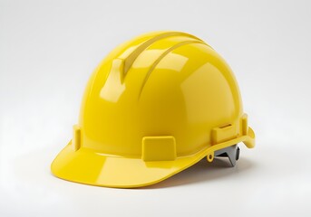 Fototapeta premium Bright yellow construction safety helmet isolated on white background, professional protective headgear for construction workers and industrial sites.