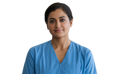 Confident Indian Nurse Smiling on Transparent Background PNG, female medical professional in uniform with stethoscope, healthcare worker portrait for hospital clinic design, trust empathy and wellness