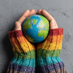 Poster design of hands in colorful sweater holding earth globe on grey background for world environment day
