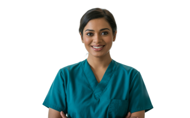 Confident Indian Nurse Smiling on Transparent Background PNG, portrait of female healthcare worker in uniform, hospital clinic medical staff showing compassion, wellness, aid and professional trust