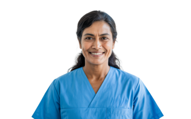 Confident Indian Nurse Smiling on Transparent Background PNG, medical professional woman in clinic attire with stethoscope, healthcare provider symbol of empathy, treatment, aid, trust and recovery