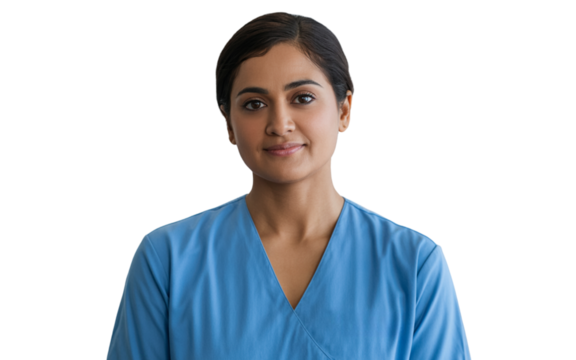 Confident Indian Nurse Smiling on Transparent Background PNG, female medical professional in uniform with stethoscope, healthcare worker portrait for hospital clinic design, trust empathy and wellness